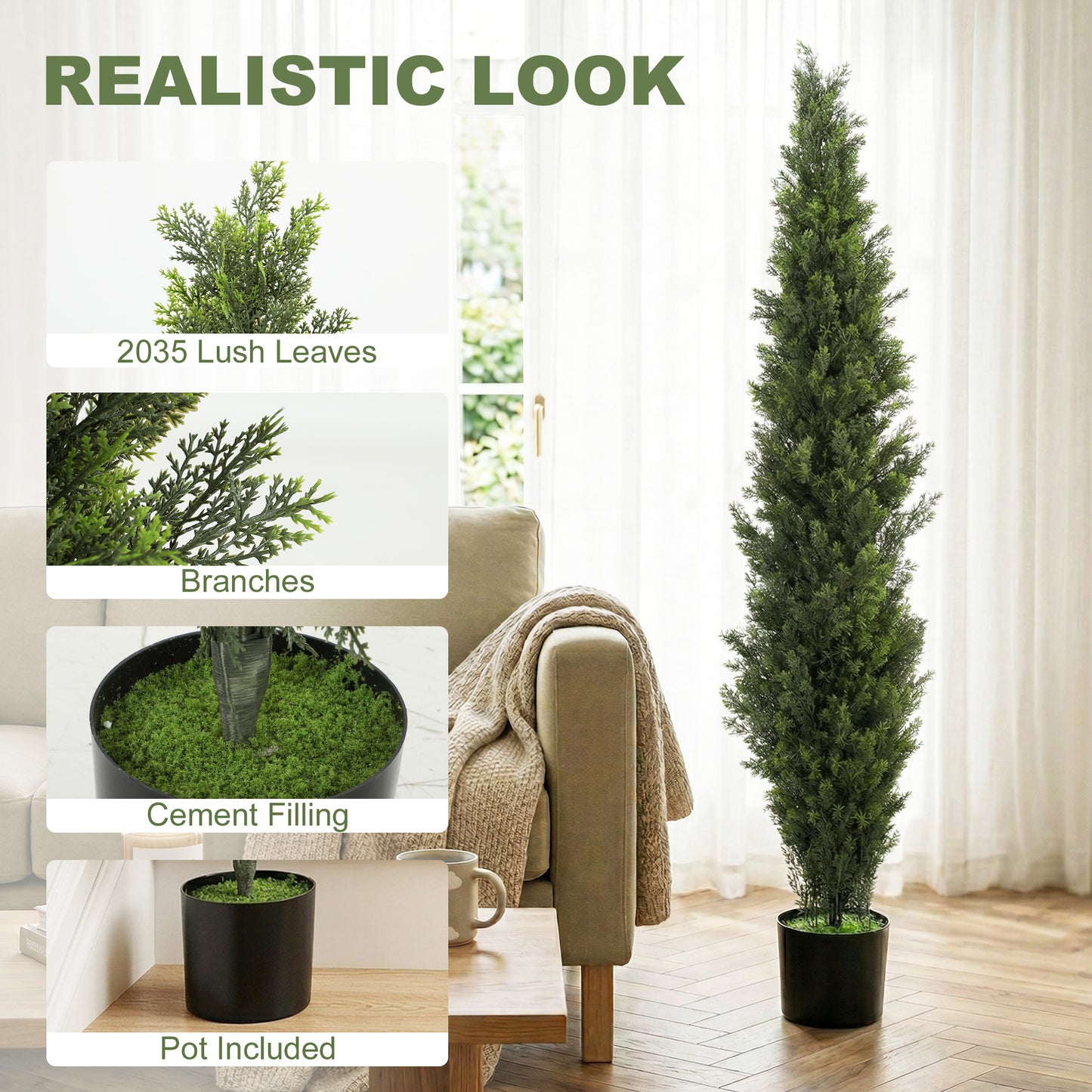 Set of 2 Decorative Artificial Plants Cypress in Weighted Pot, Fake Plant with 2035 Leaves, 150 cm