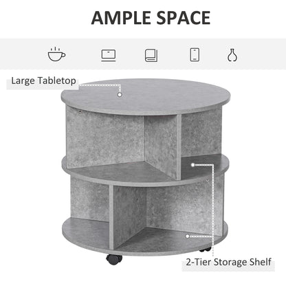 Round Coffee Table with Wheels, 3-Tier Rolling Side Table for Living Room with Divided Shelves, Cement Colour
