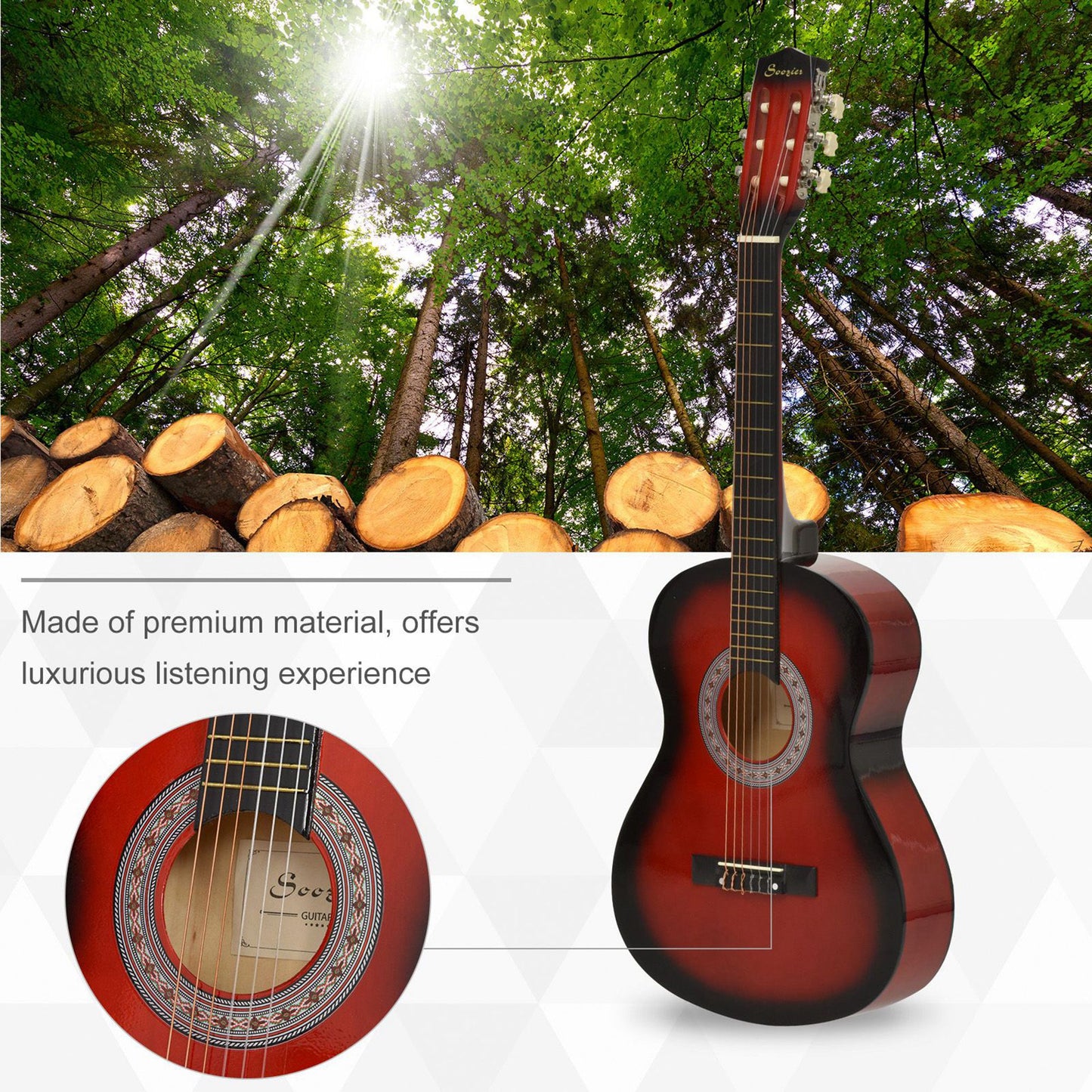 36" 3/4 Beginner Acoustic Guitar Set, with Protective Case, Red