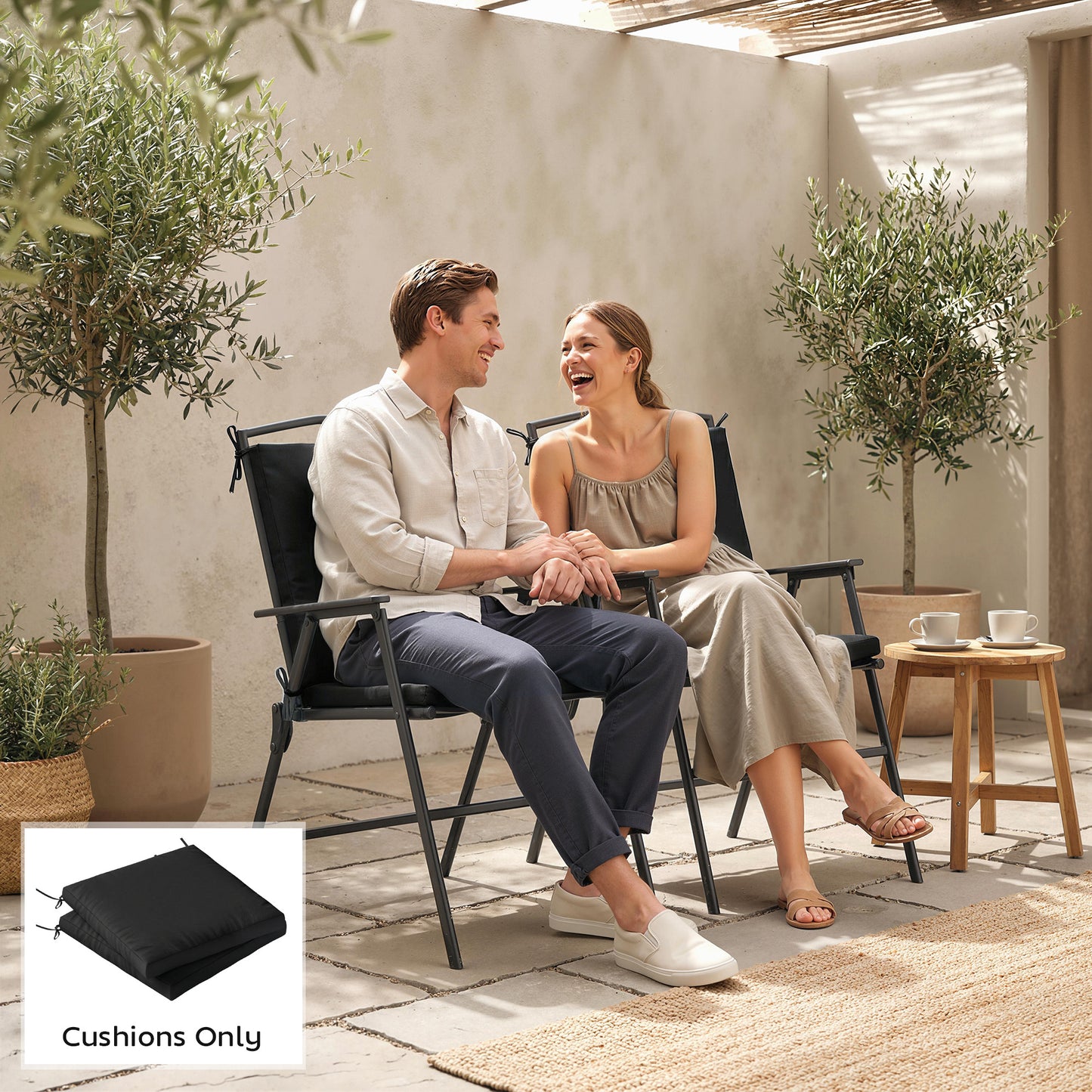 Outdoor Seat Cushions Set of 2 with Ties, Waterproof Garden Seat Pads, Black