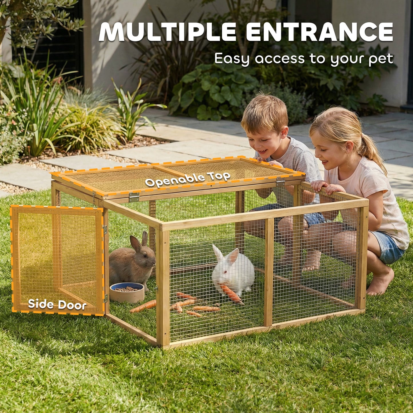 Wooden Folding Rabbit Hutch, for 2-3 Rabbits - Natural Wood