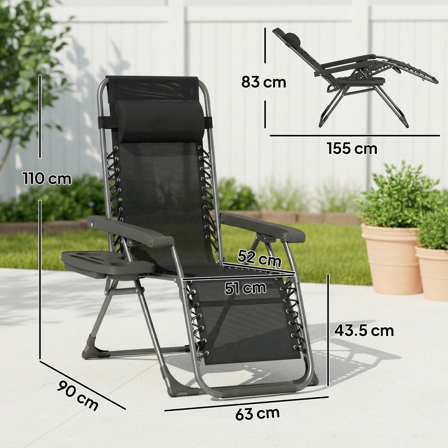 Zero Gravity Chairs Set of 2, Folding Sunloungers Reclining Garden Chairs with Cup Holder, Headrest, Black
