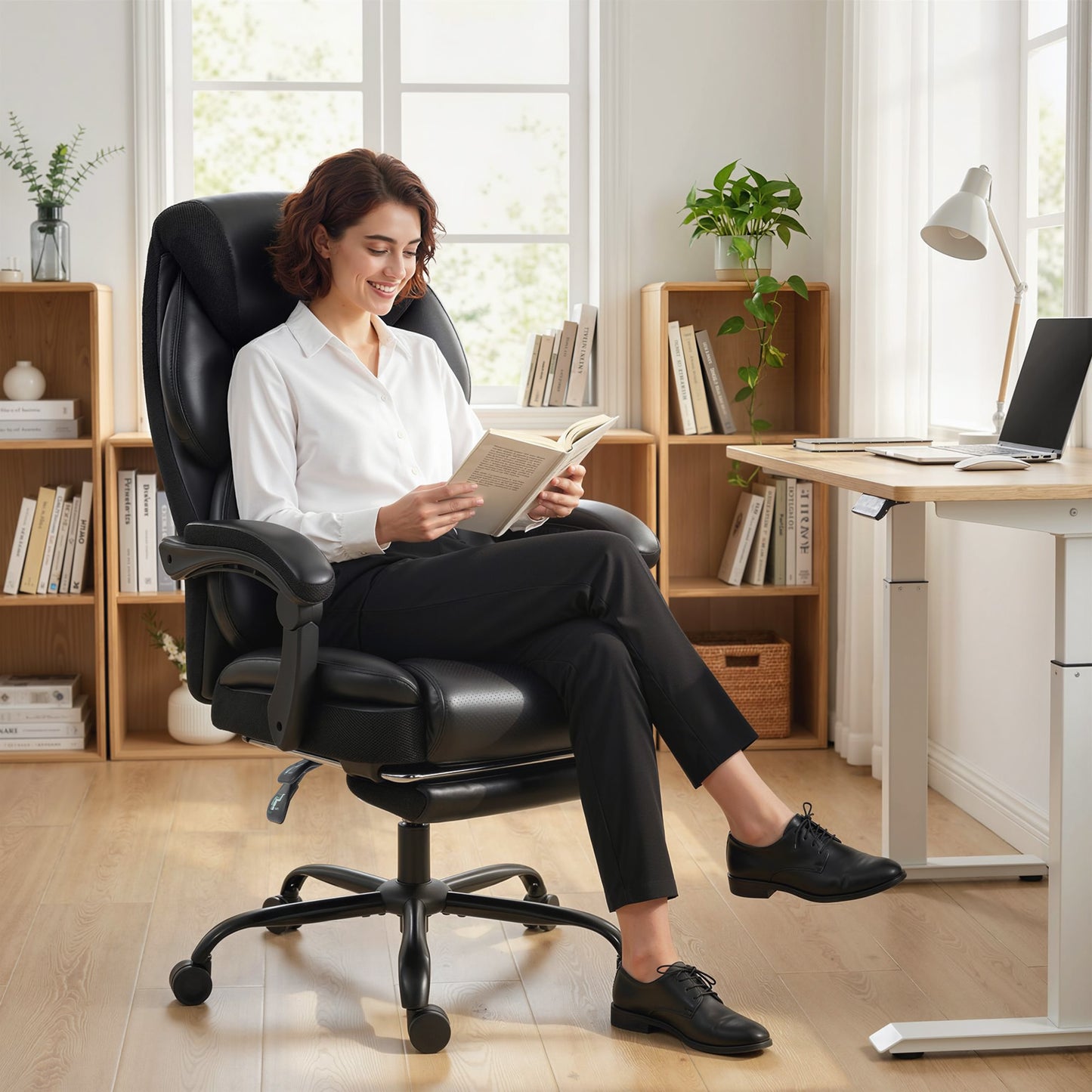 Adjustable Office Chair Reclining Computer Desk Chair with Footrest, Armrest, Casters, Black