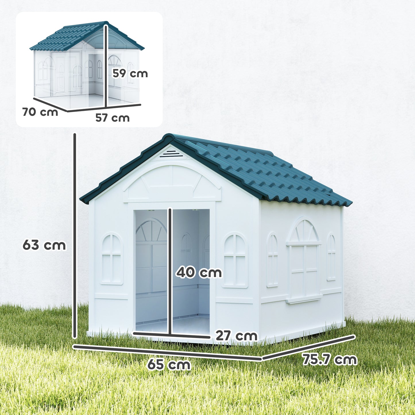 Plastic Weather-Resistant Dog House, for Indoors and Outdoors, Medium Dogs - White and Blue
