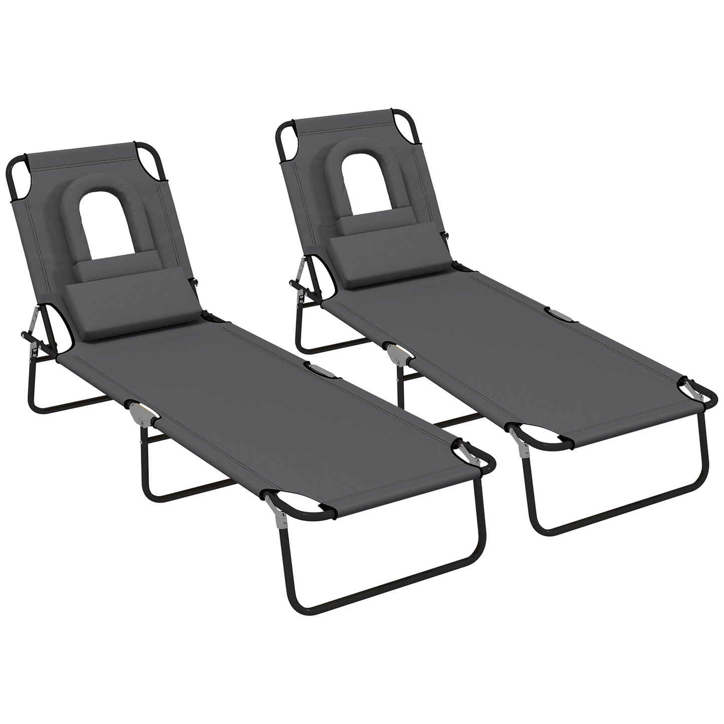 Folding Sun Loungers Set of 2 with Face Hole, 4-Position Adjustable Backrest Garden Recliner Chair Sunbed
