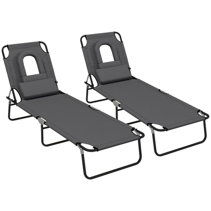 Folding Sun Loungers Set of 2 with Face Hole, 4-Position Adjustable Backrest Garden Recliner Chair Sunbed