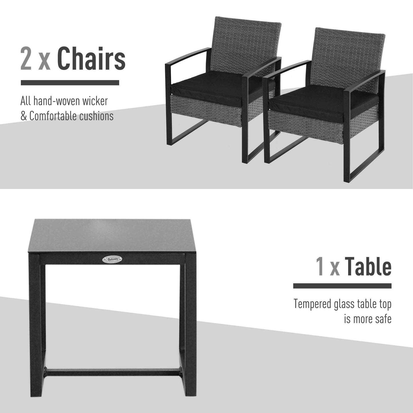 2 Seater Rattan Patio Set W/ Cushions-Grey/Black