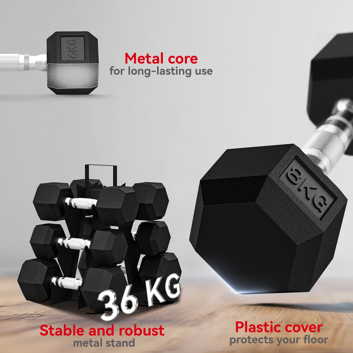 Hex Dumbbell Set with Weights Storage Rack, Rubber Coated Dumbbells, Non-Slip Chrome Handles