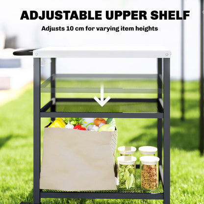 Outdoor Grill Cart with Stainless Steel Tabletop, 3-Tier Pizza Oven Stand with Adjustable Shelf, Hooks, Wheels, Black