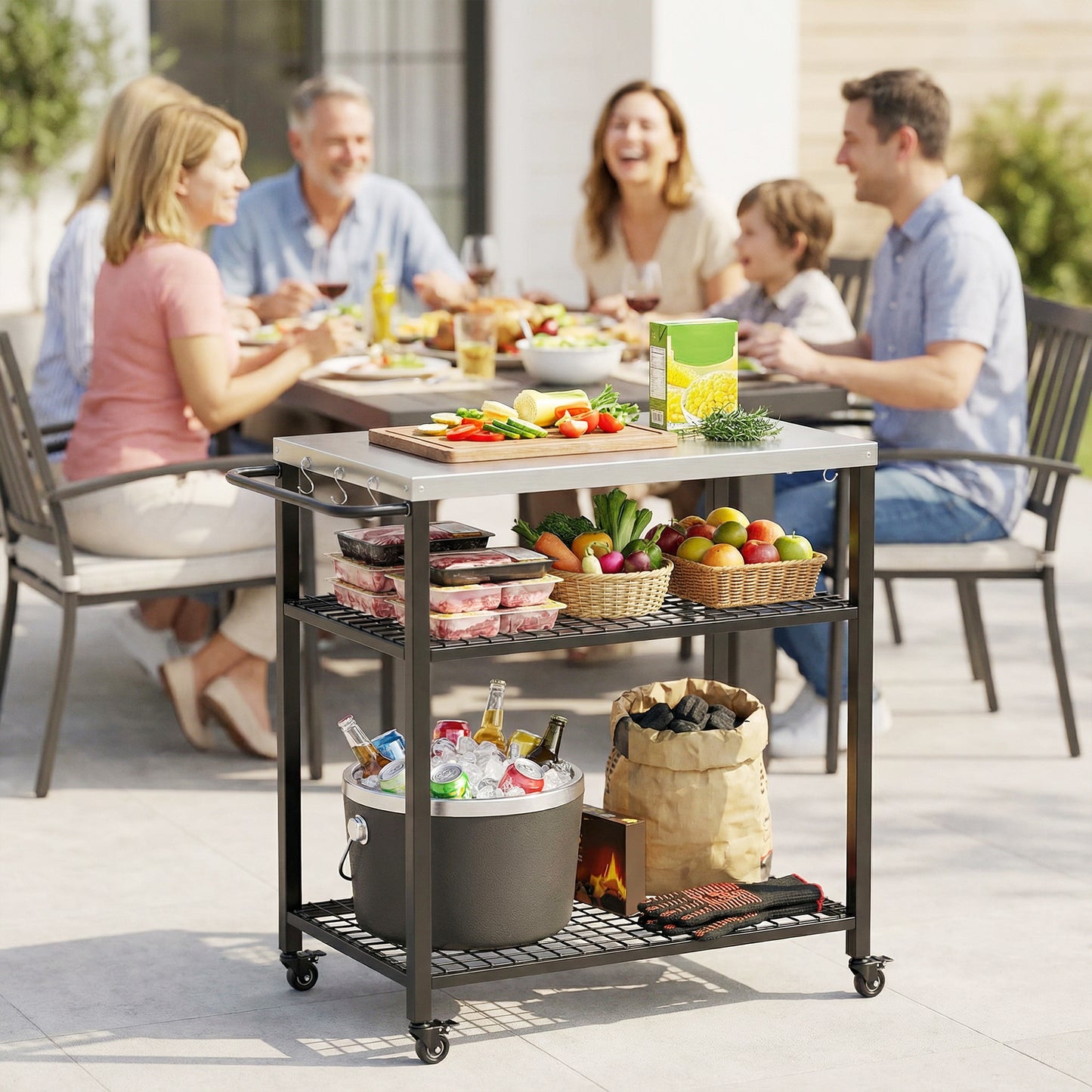 Outdoor Grill Cart with Stainless Steel Tabletop, 3-Tier Pizza Oven Stand with 2 Shelves, 6 Hooks, Wheels, Black