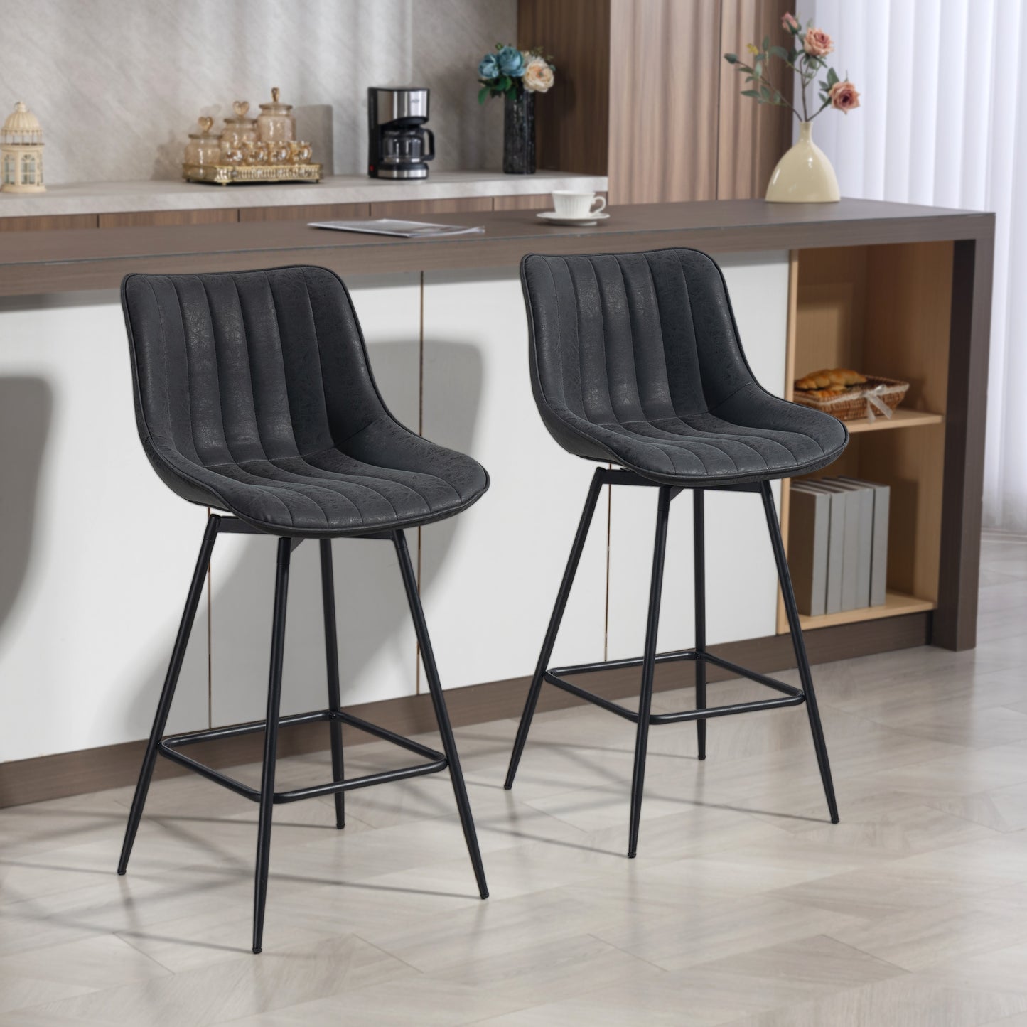 Set of 2 PU Leather Swivel Bar Stools - Black