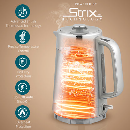 Electric Stainless Steel Kettle and Toaster Set, 3000W 1.7L UK Strix Thermostat Fast Boil Kettle w/ Limescale Filter