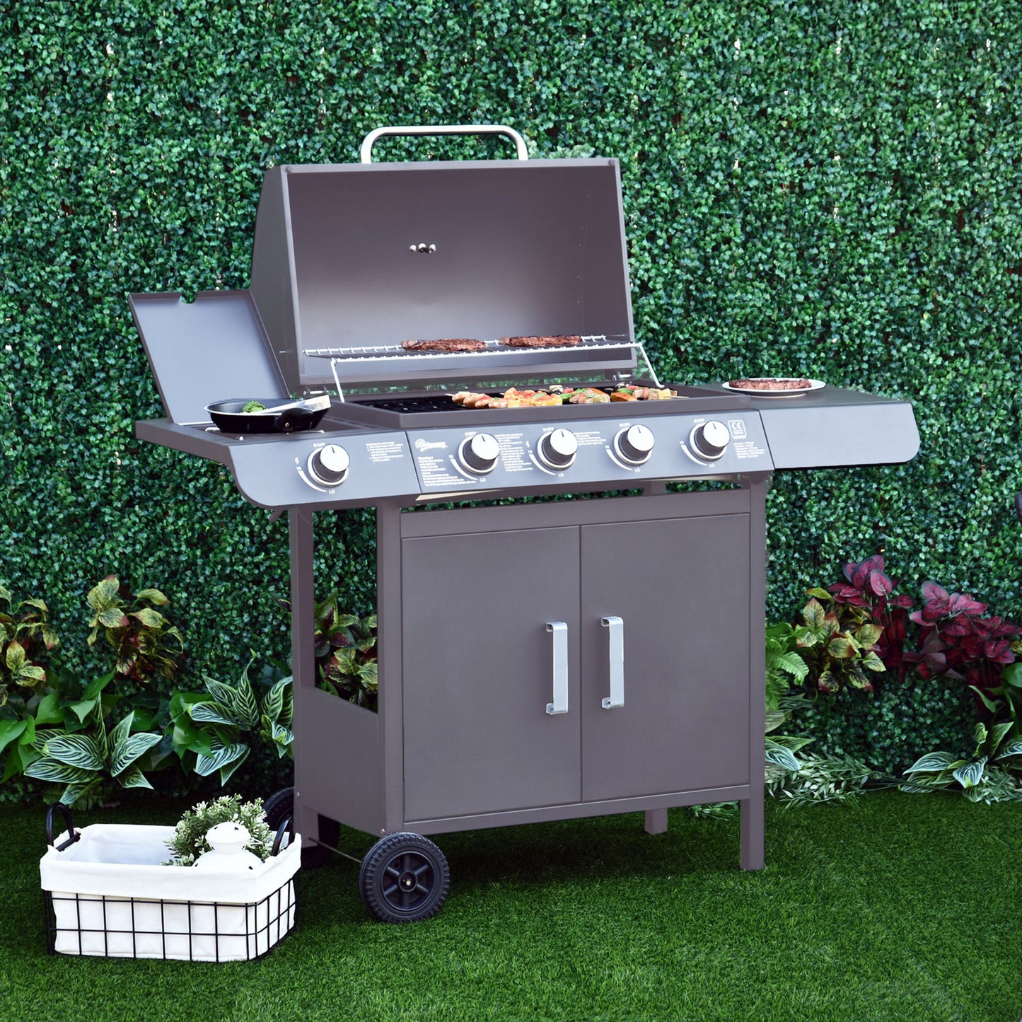 4+1 Burner Gas BBQ Grill, Outdoor Barbecue Trolley with Wheels, Warming Rack, Side Shelves, Cabinet, Thermometer for Garden