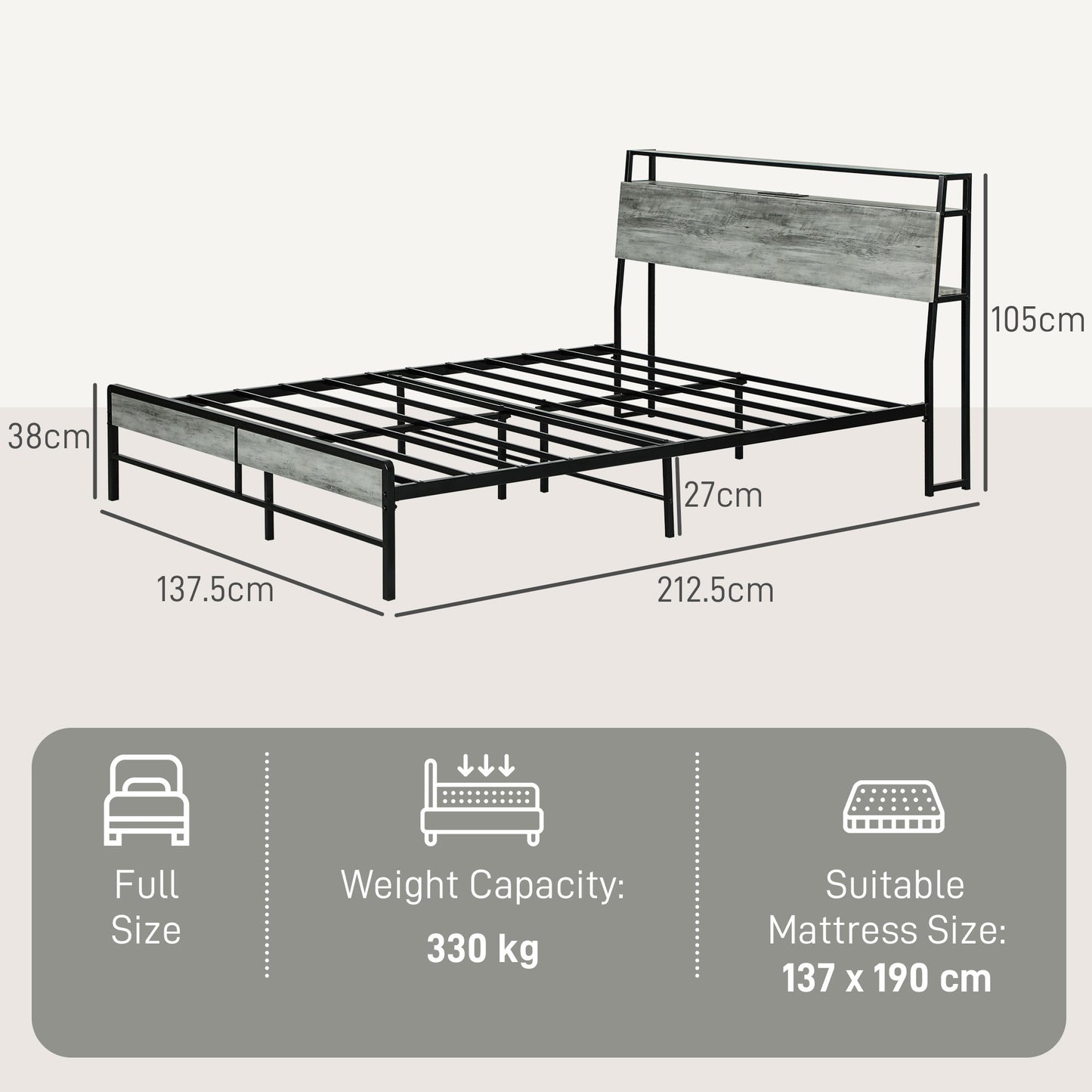 Double Steel Bed Frame, with LED Lights and Shelf - Grey