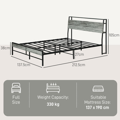 Double Steel Bed Frame, with LED Lights and Shelf - Grey