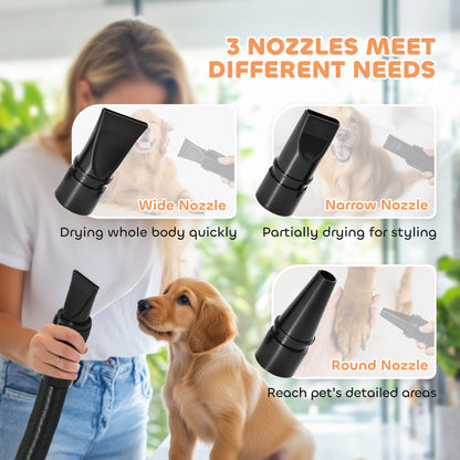 2200W Dog Hair Dryer with Adjustable Temperature & Velocity, 3 Different Nozzles, Black