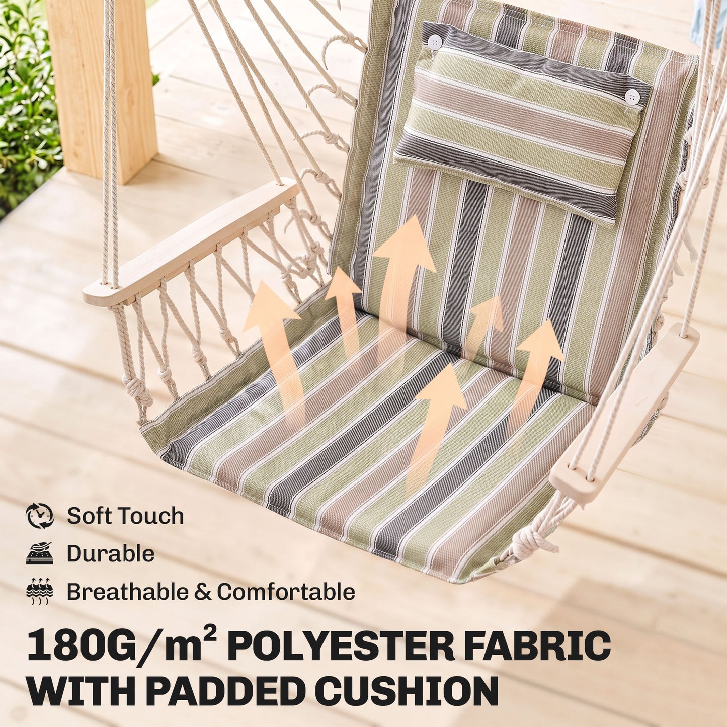 Garden Outdoor Hanging Hammock Chair Thick Rope Frame Wooden Arms Safe Garden Outdoor Spot Stylish Multicoloured stripes