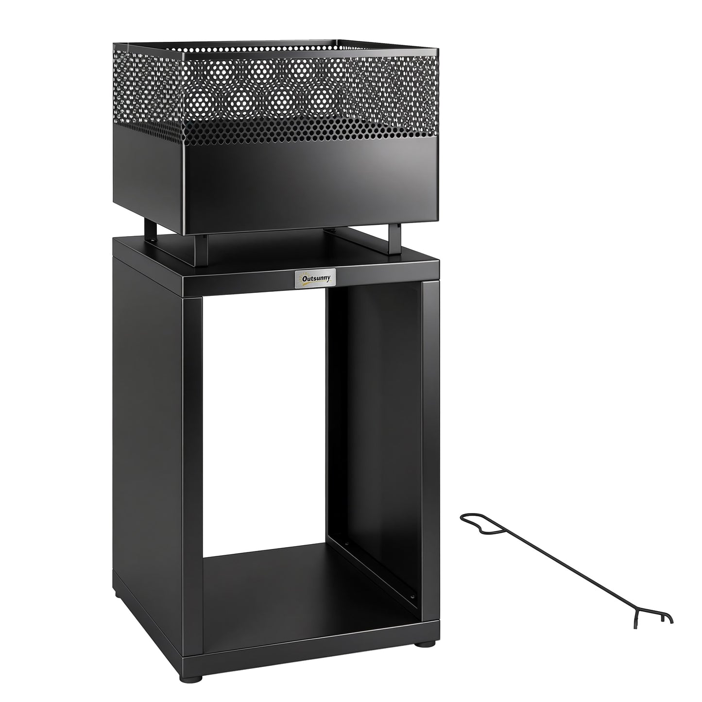 Outdoor Fire Pit with Wood Storage Wood Burning Firepit with Mesh Sides 87 cm Black