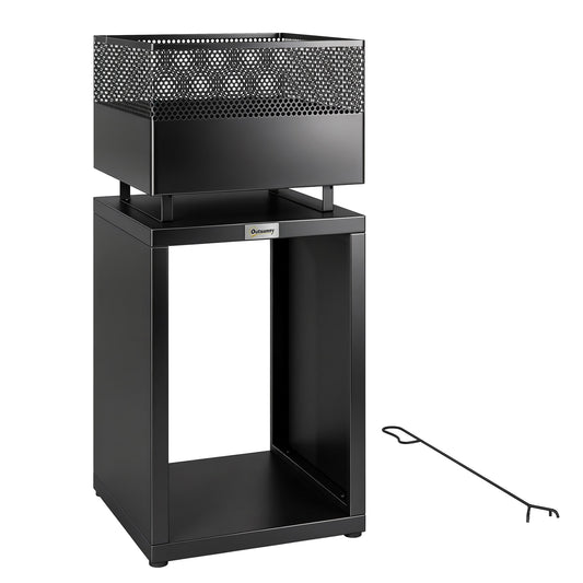 Outdoor Fire Pit with Wood Storage Wood Burning Firepit with Mesh Sides 87 cm Black