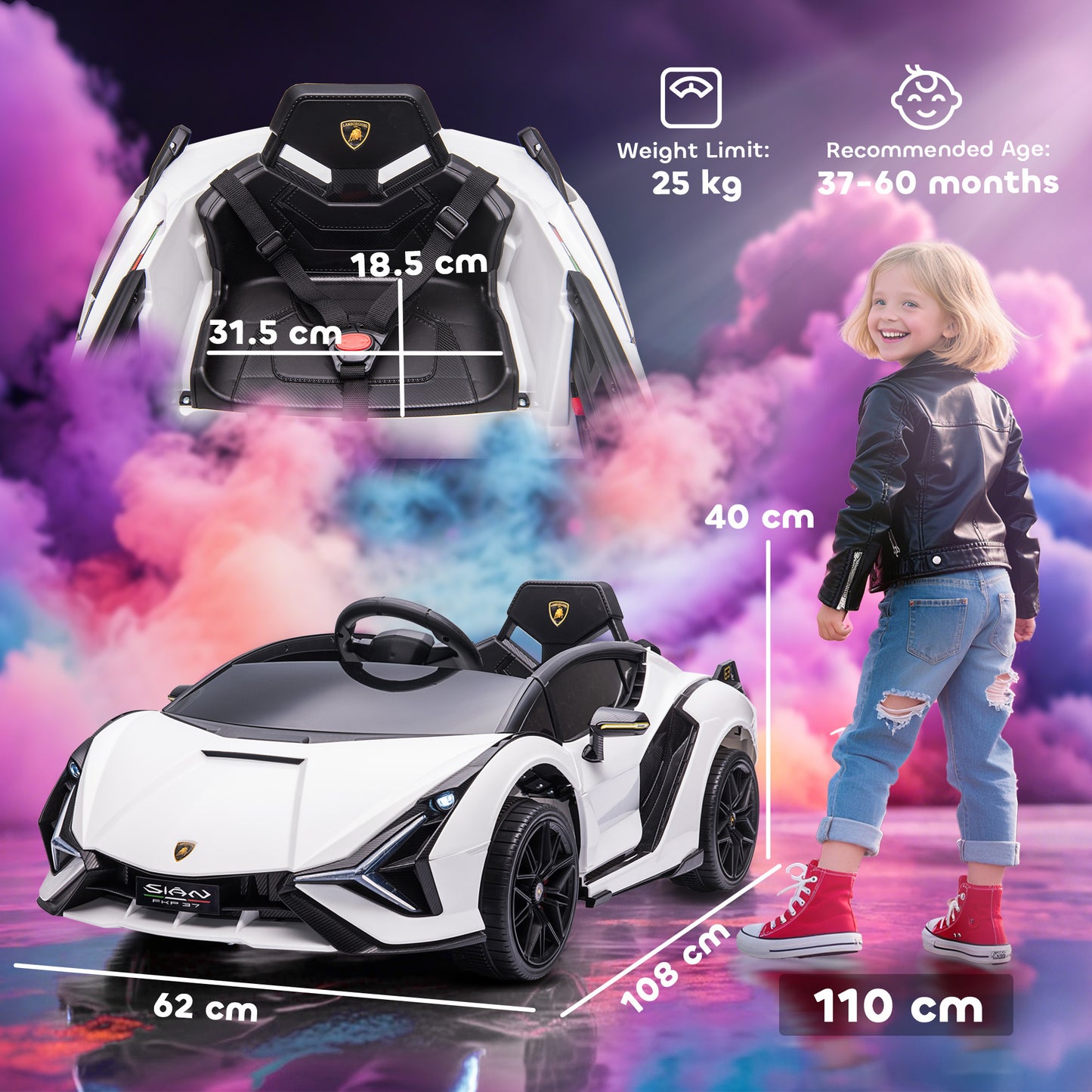 Lamborghini Sian Licensed Electric Car for Kids, 12V Kids Electric Ride on Car with Dual Motors, Remote Control, White