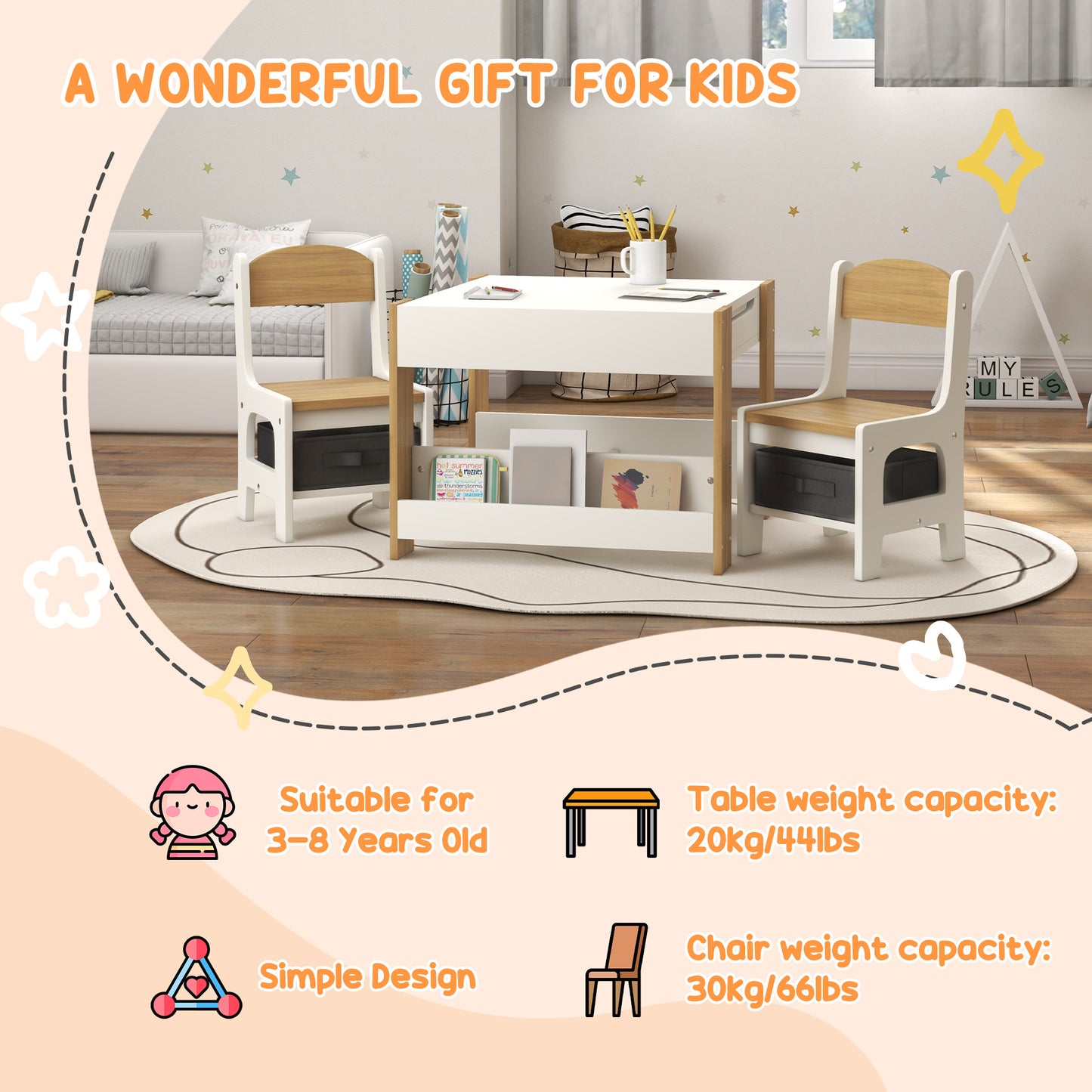 Three-Piece Kids Table and Chair Set with Blackboard, Storage, Bookshelves - Natural Wood