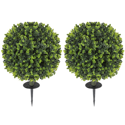 Set of 2 40 cm Artificial Boxwood Topiary Ball Bush with Integrated Ground Stake, Eucalyptus Leaves