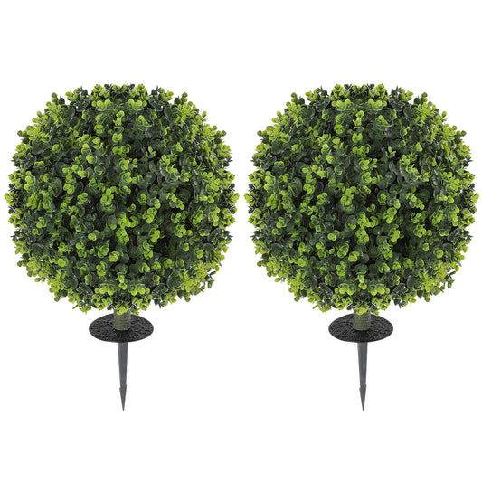 Set of 2 40 cm Artificial Boxwood Topiary Ball Bush with Integrated Ground Stake, Eucalyptus Leaves