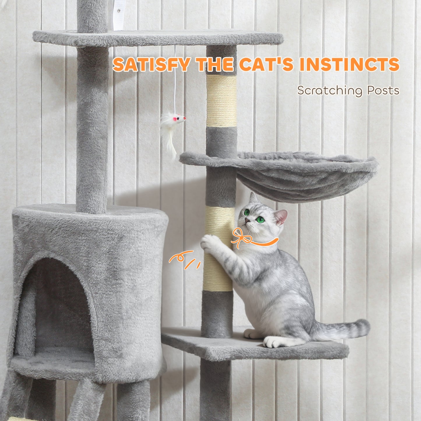 Multi-Level Cat Tower, 134cm Cat Tree with Condo and Sisal Scratching Posts for Indoor Kittens, Grey