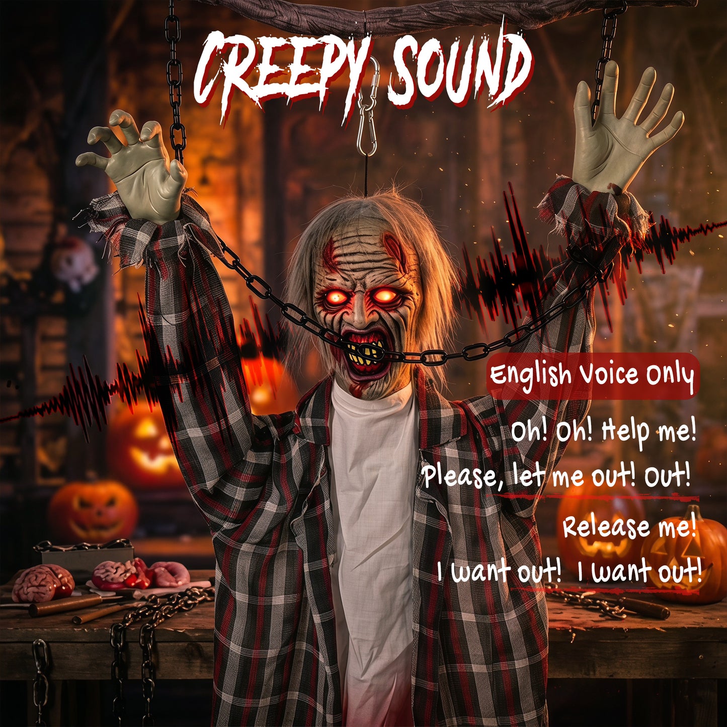 110cm Screaming Animated Hanging Halloween Decoration, Sound Touch Activated Zombie Decor with Glowing Red Eyes