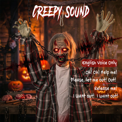 110cm Screaming Animated Hanging Halloween Decoration, Sound Touch Activated Zombie Decor with Glowing Red Eyes