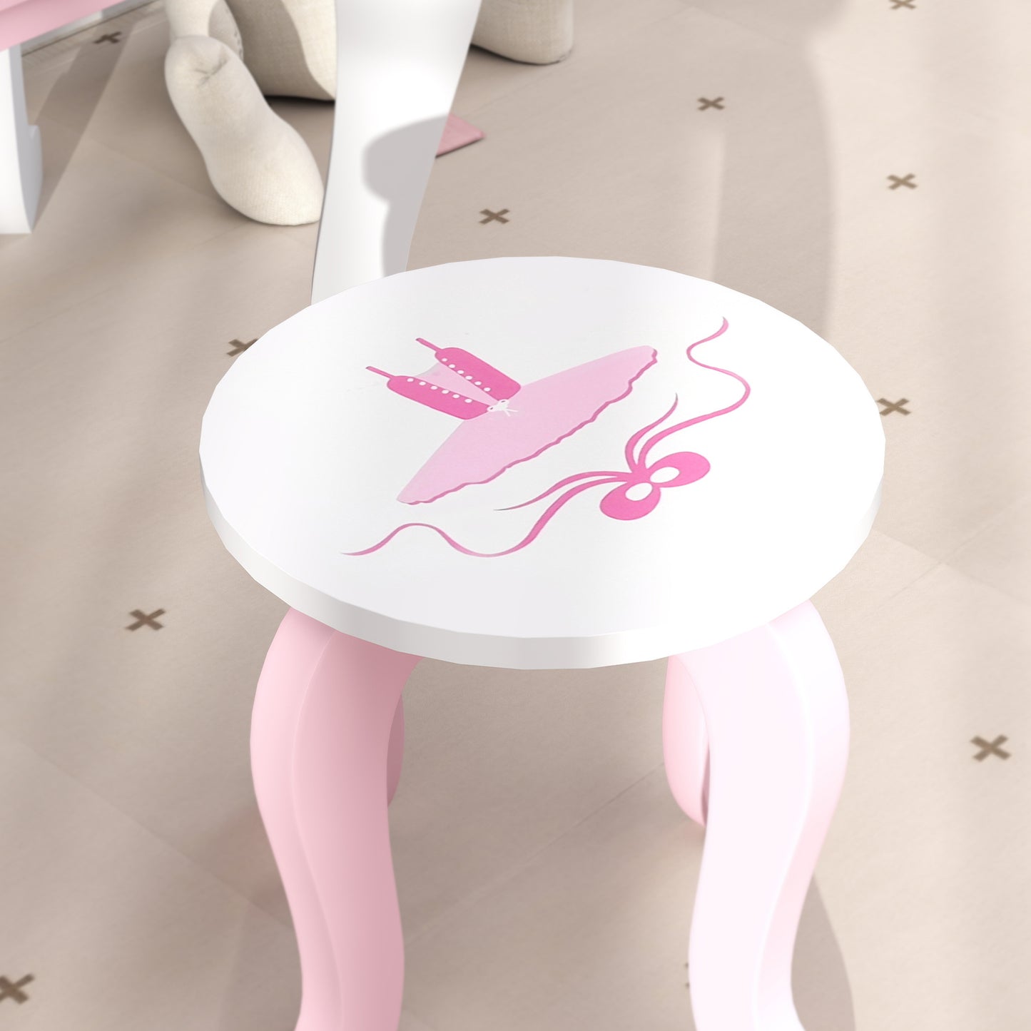 Kids Dressing Table Set, Vanity Table with Stool, Mirror, Drawer, Desktop, Storage, Ballet-Theme, Pink