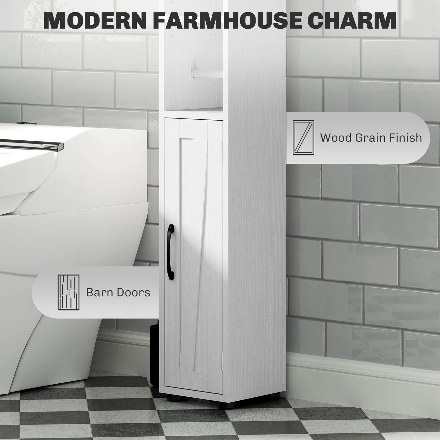 Tall Bathroom Cabinet, Farmhouse Slim Bathroom Storage Cabinet with Barn Doors, Toilet Paper Roll Holder