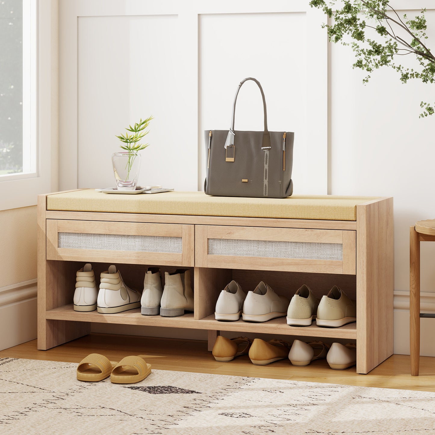 Boho Shoe Bench with 2 Rattan Drawers, Shoe Storage Bench with Cushioned Seat and Open Shelf Oak Wood Effect