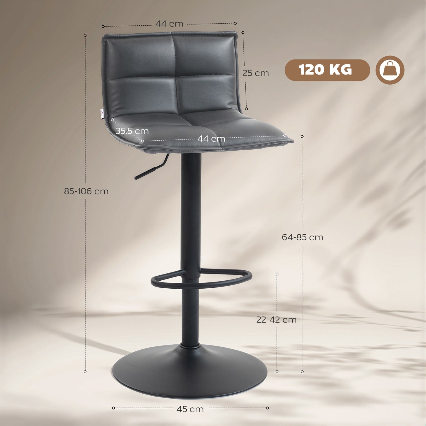Set of Two Modern Faux Leather Bar Stools - Dark Grey