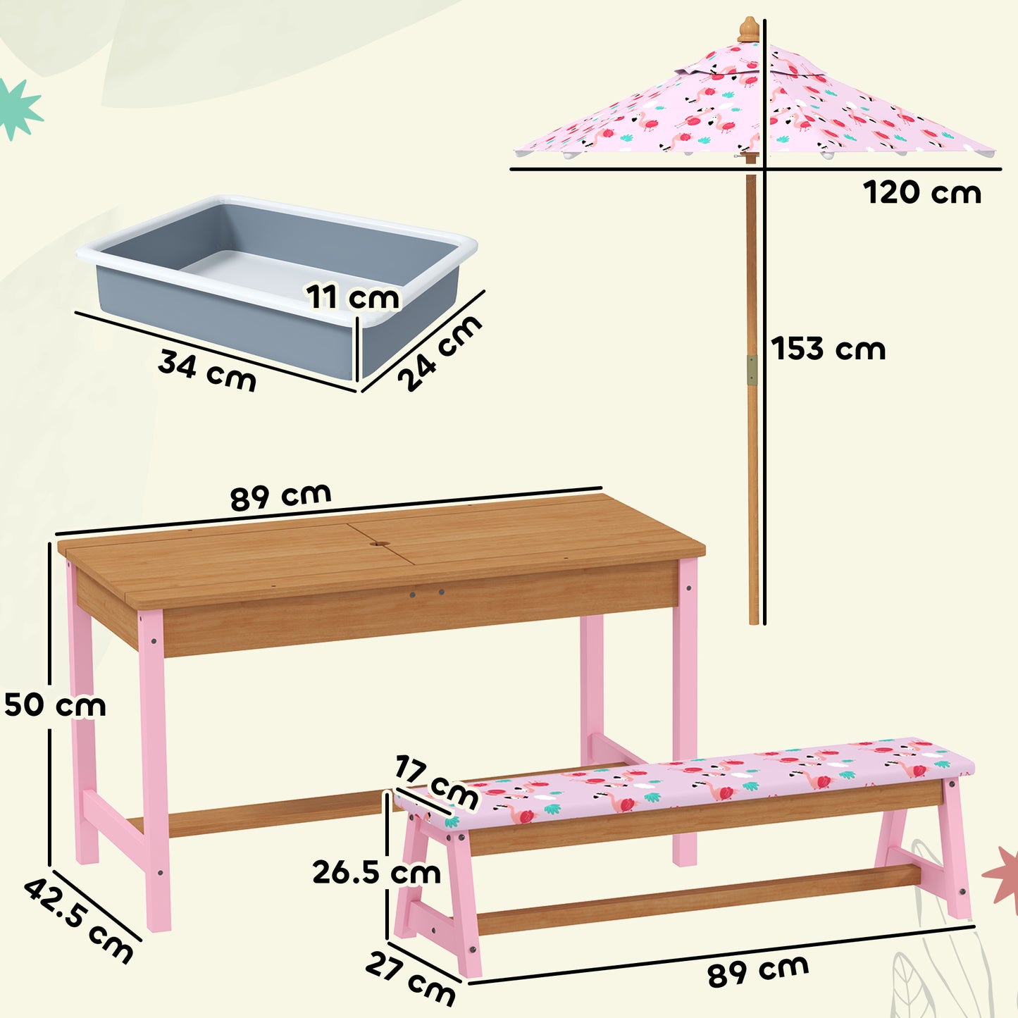 Kids Picnic Table Set with Removable & Foldable Umbrella, Storage Boxes, Flamingo Theme, Pink