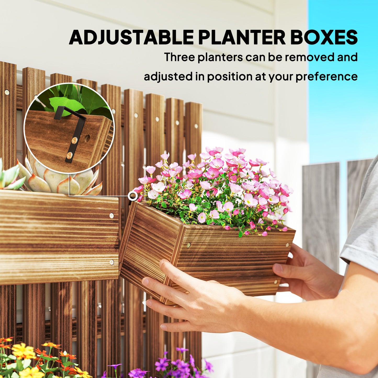 Wall-mounted Wooden Garden Planters with Trellis, Drainage Holes and 3 Planter Boxes for Patio, Carbonised