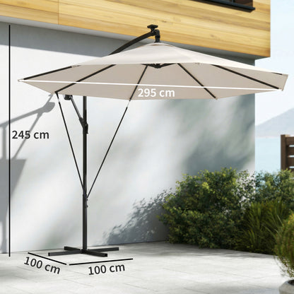 3 m Cantilever Parasol with Solar LED Lights Garden Umbrella with Cross Base, Cream White