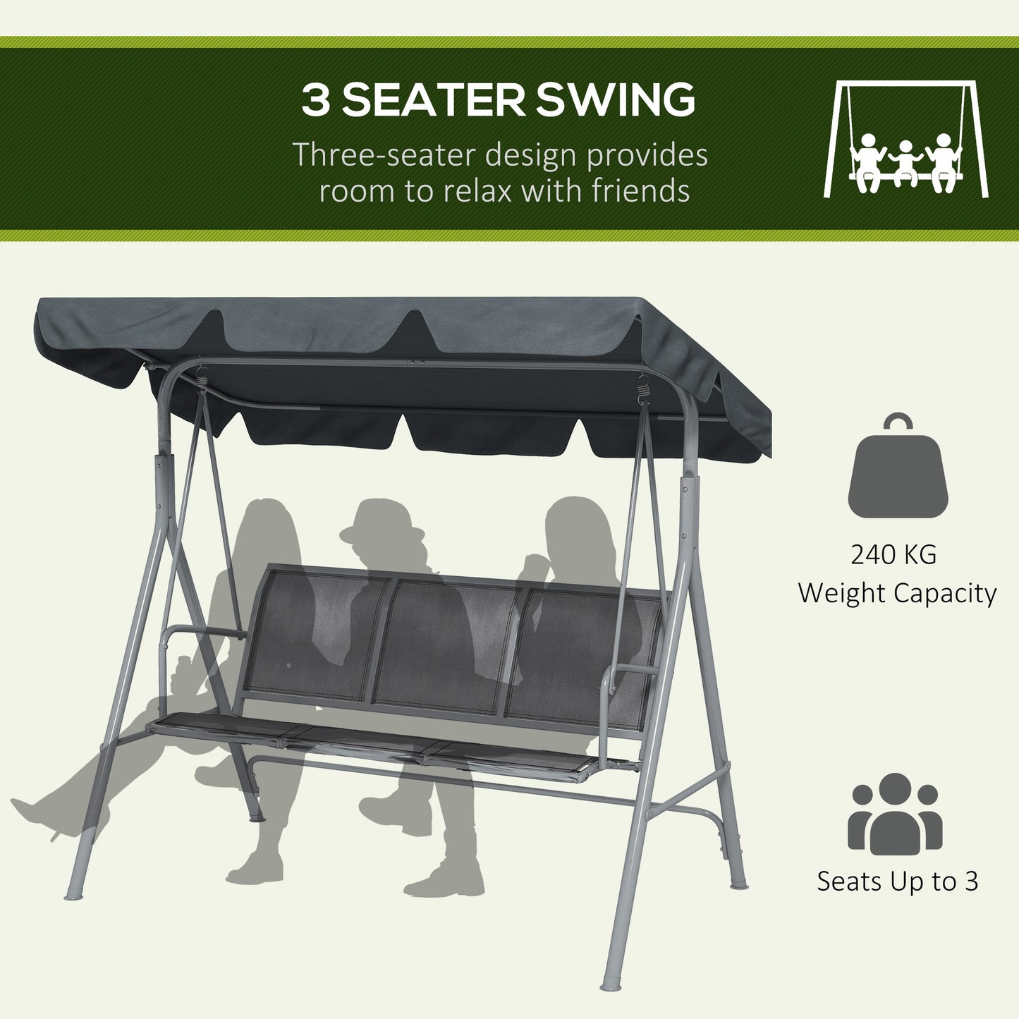 3 Seater Swing Chair, Garden Swing Bench with Adjustable Tilting Canopy