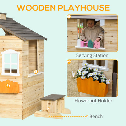 Wooden Playhouse for Kids Outdoor Wendy House with Door, windows, Bench, Service Stations, Flowerpot Holder