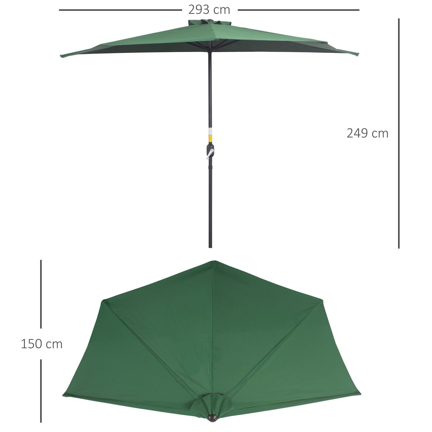 3(m) Half Parasol, Semi Round Umbrella with Metal Frame, Crank Handle for Balcony, Garden, Green