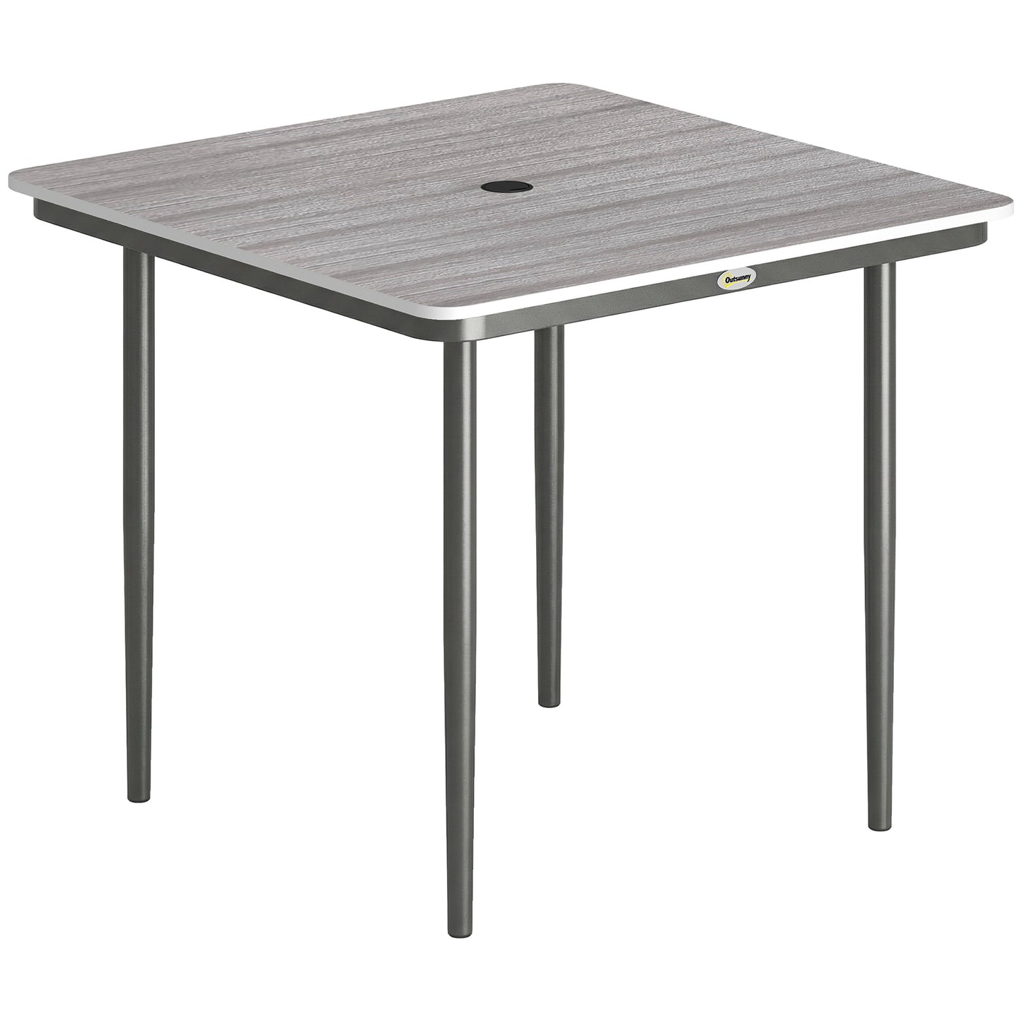 Garden Dining Table for 4, 85 cm Square Outdoor Table with Umbrella Hole, Faux Wood Top, Metal Legs, Light Grey