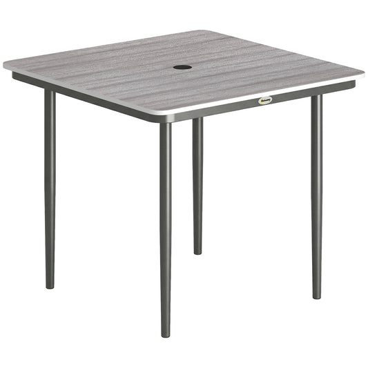 Garden Dining Table for 4, 85 cm Square Outdoor Table with Umbrella Hole, Faux Wood Top, Metal Legs, Light Grey