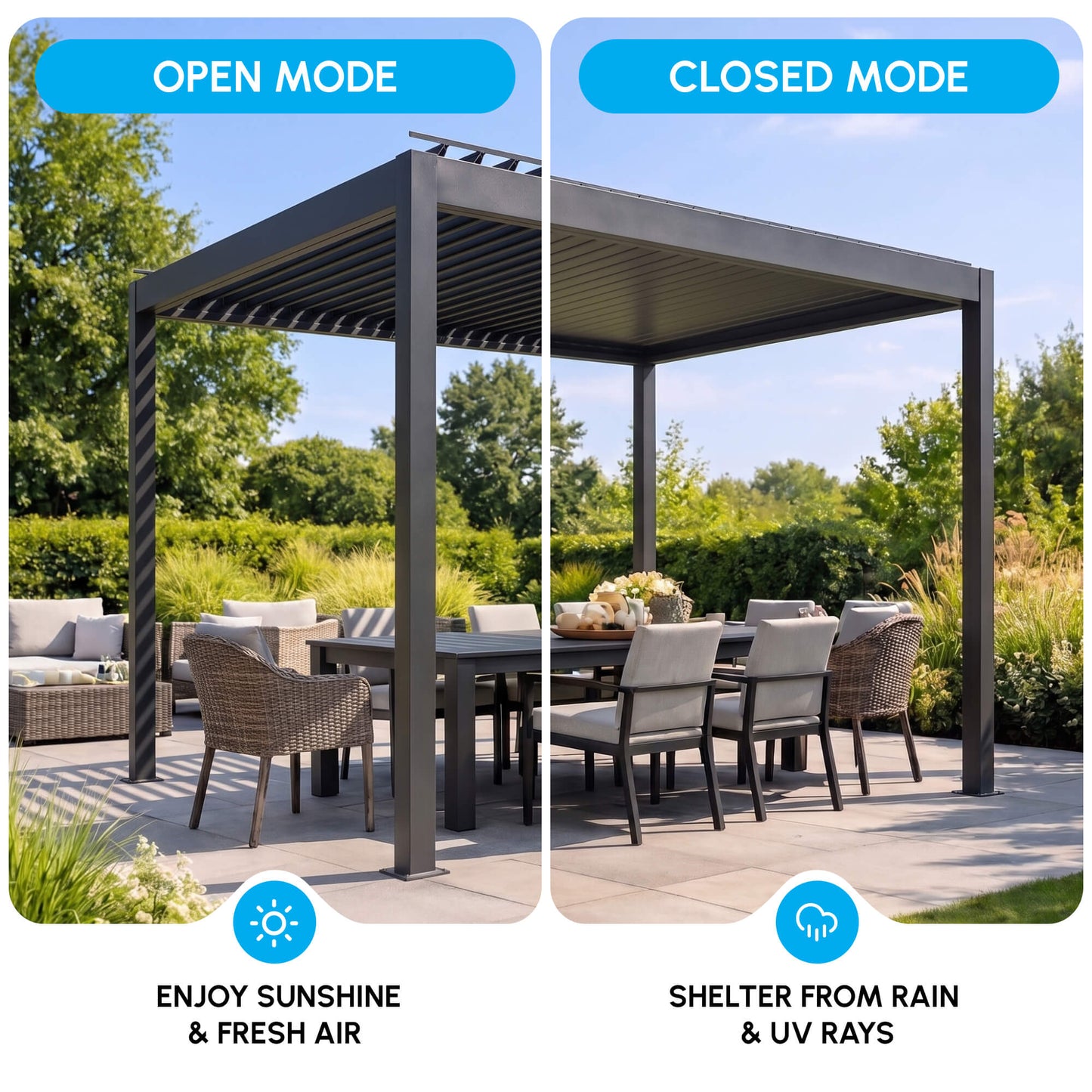3 x 3(m) Electric Louvered Pergola with LED Lights, Aluminium Pergola Hardtop Gazebo with Remote
