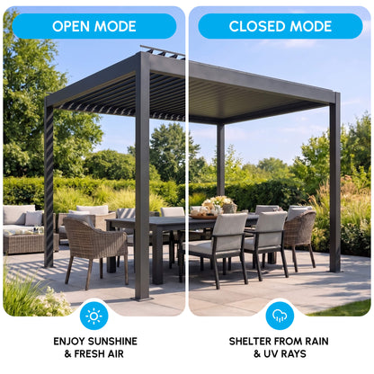 3 x 3(m) Electric Louvered Pergola with LED Lights, Aluminium Pergola Hardtop Gazebo with Remote