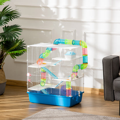 5 Tier Hamster Cage, Gerbil Cage with Exercise Wheel, Feeder Bowl, Tube, Water Bottle, 59L x 36W x 69H cm - Blue