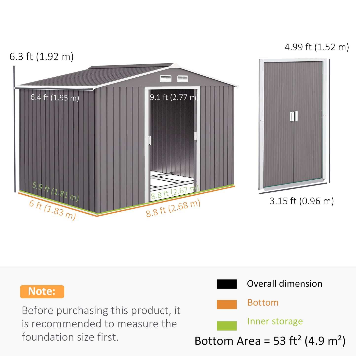9 x 6FT Outdoor Garden Roofed Metal Storage Shed Tool Box with Foundation Ventilation & Doors Light, Grey