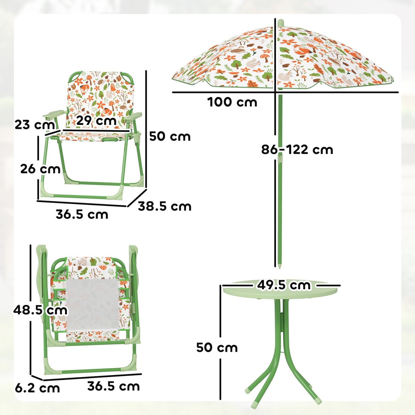 4-Piece Kids Garden Table and Chair Set with Adjustable Parasol, Folding Chairs, Table, Nature Pattern, Green