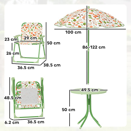 4-Piece Kids Garden Table and Chair Set with Adjustable Parasol, Folding Chairs, Table, Nature Pattern, Green