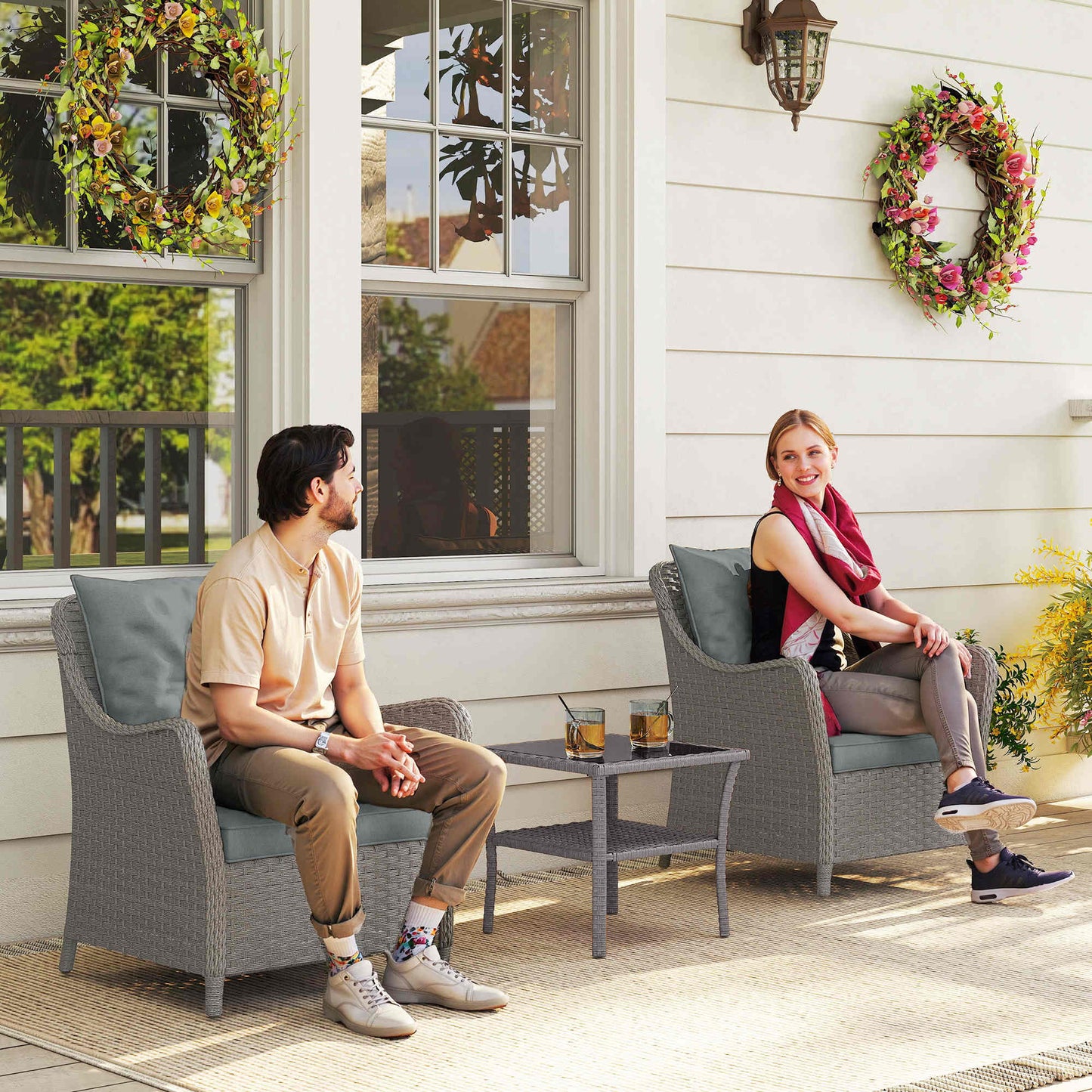 Rattan Garden Chairs Set of 2, Outdoor Rattan Chairs with Cushions, Armrests and High Back