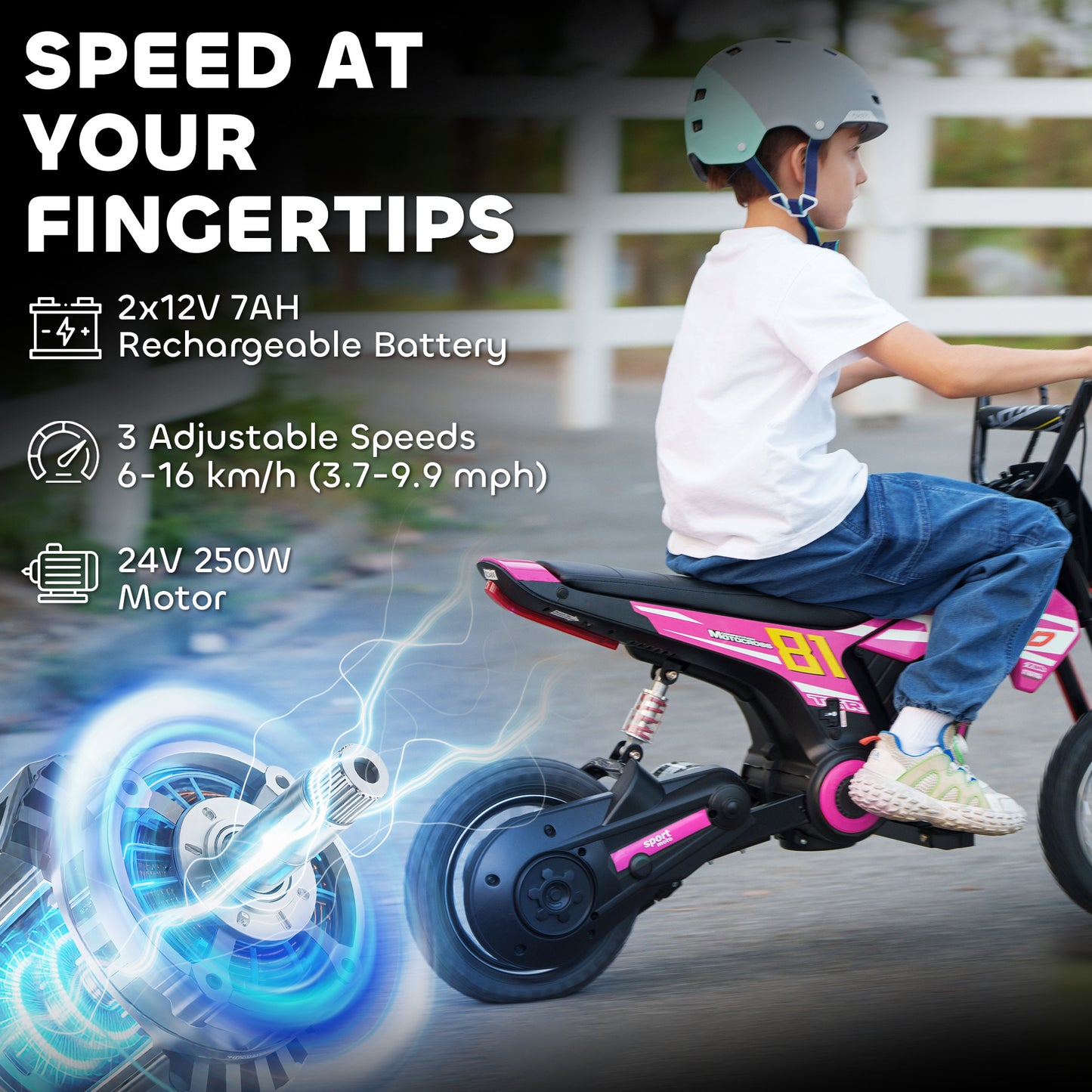 Kids Electric Motorbike, 24V Ride On Motorcycle with 3 Speeds and Rear Suspension, Dirt Bike for 8-12 Years Old, Pink